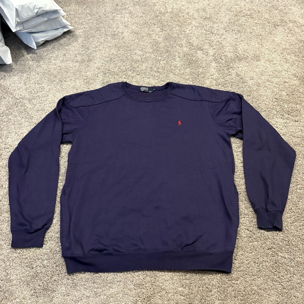 VINTAGE USA POLO Ralph Lauren Navy Crewneck Sweatshirt Pockets Shoulder Pad SZ L